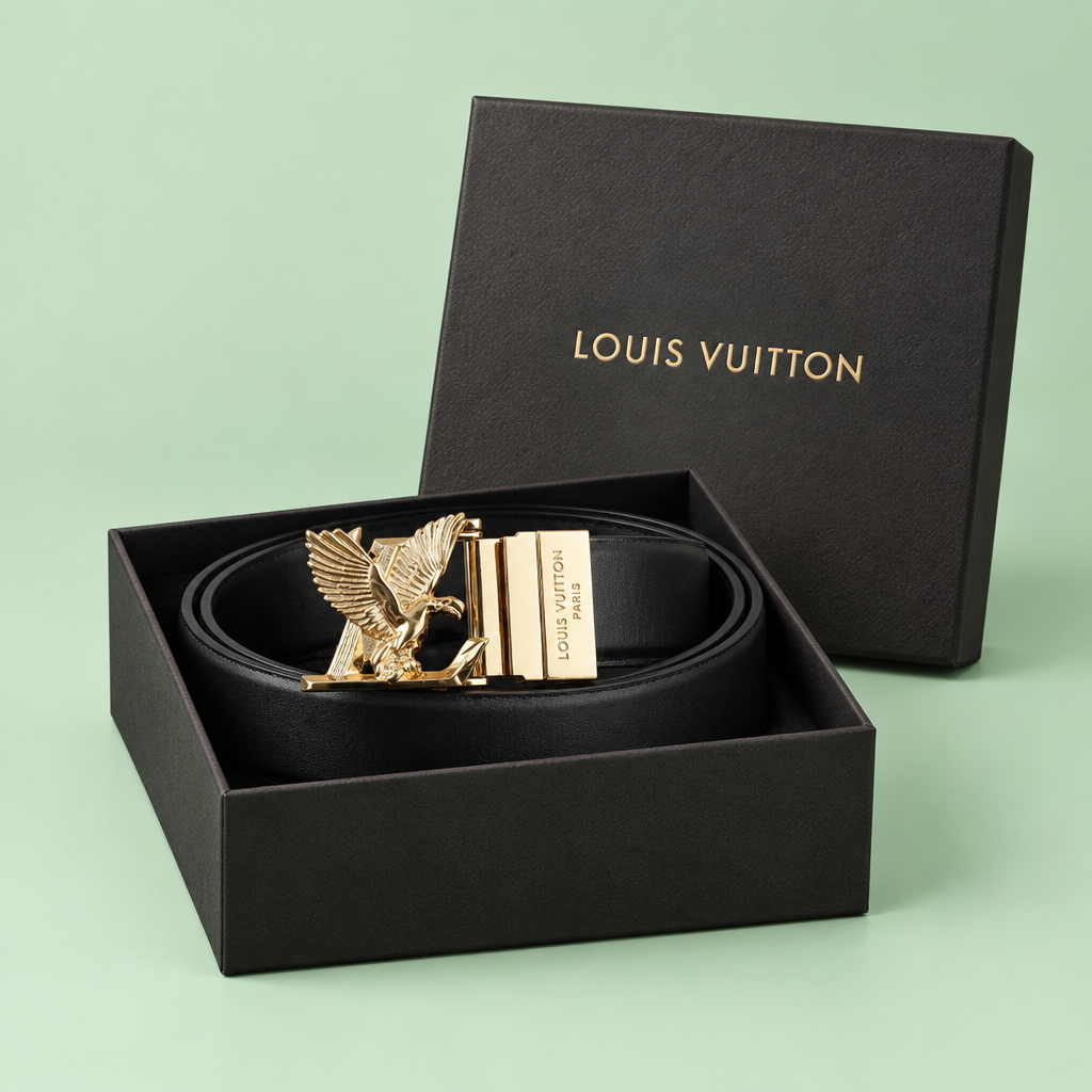 Belt ke brand name wale box-top mockup mein black belt