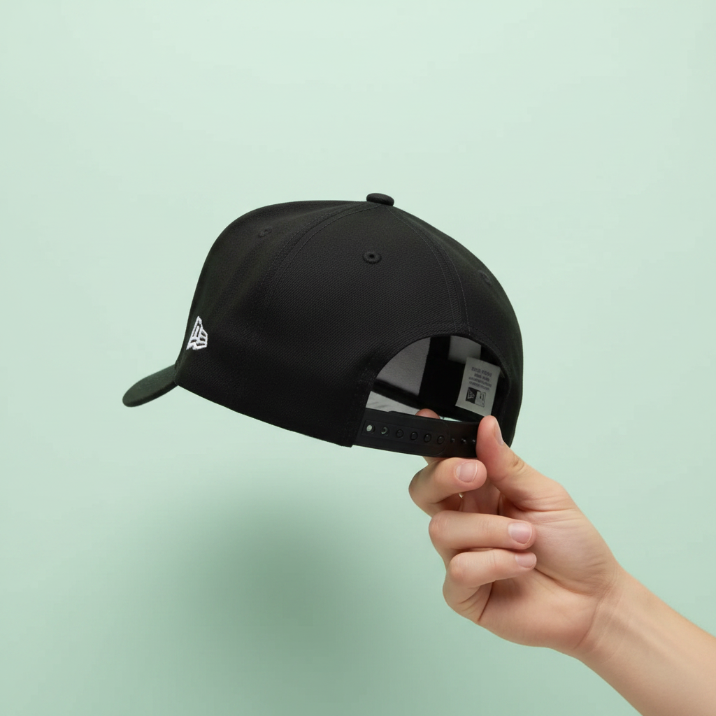 Black embroidered baseball cap held by hand while adjusting the back strap on a pastel mint green background