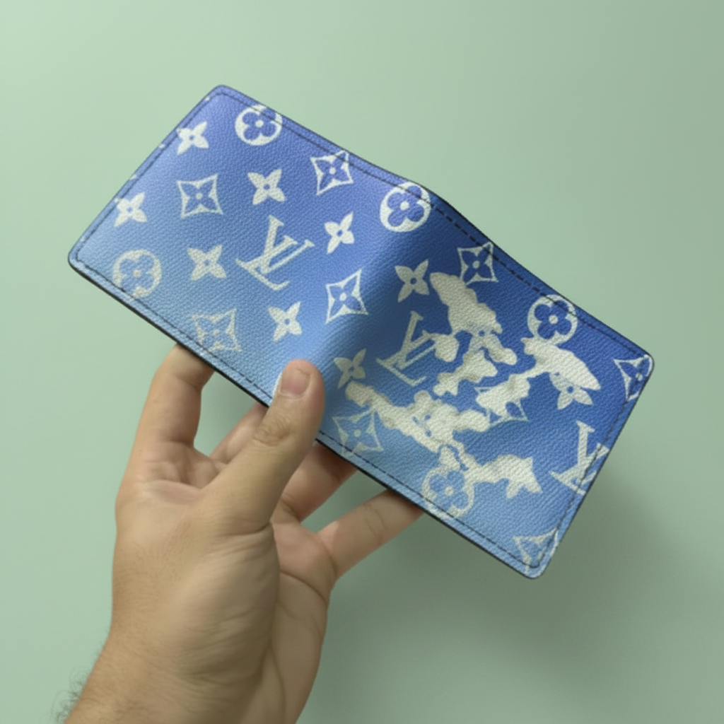Blue monogram cloud pattern wallet alternate view on light pastel mint green background