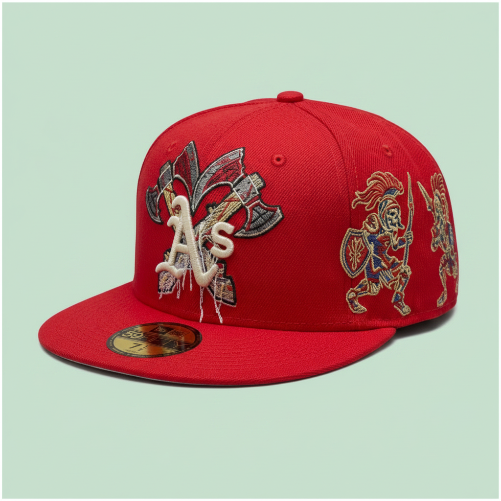 Red Embroidered Flat-Brim Cap