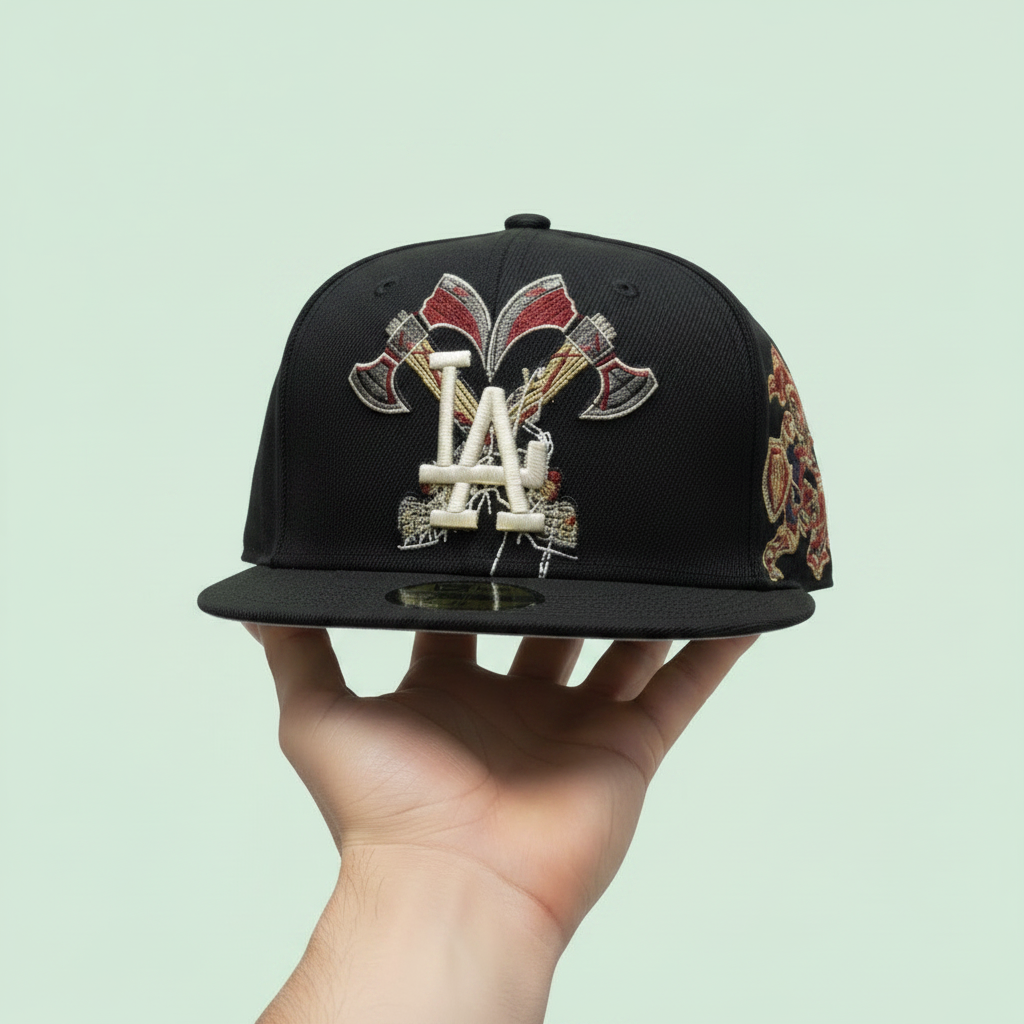Black Embroidered Flat-Brim Cap
