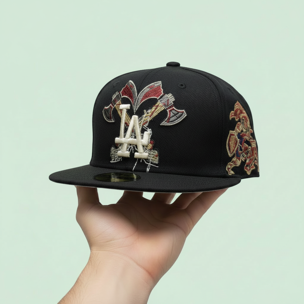 Black Embroidered Flat-Brim Cap