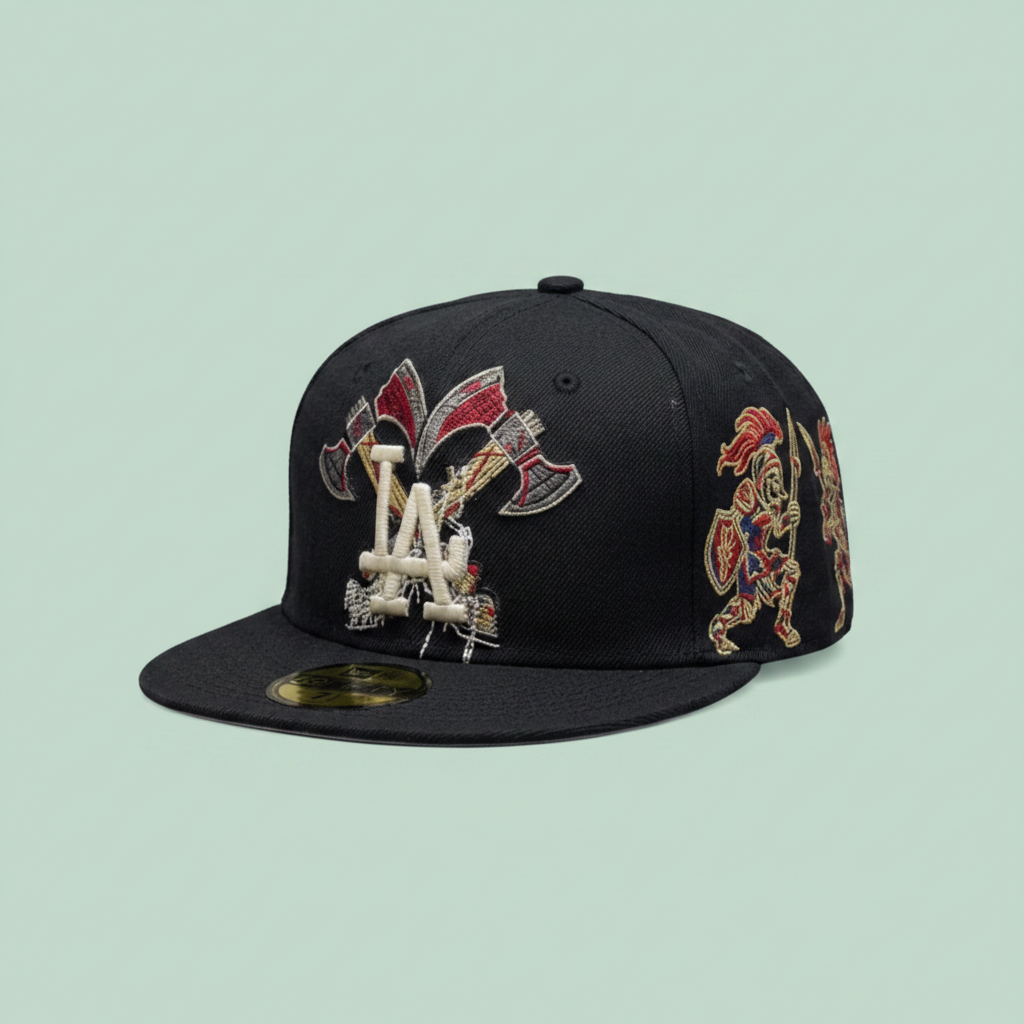 Black Embroidered Flat-Brim Cap