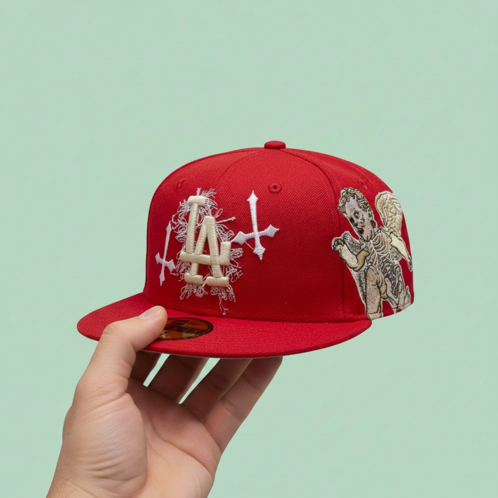 Red Embroidered Cap with Angel Artwork