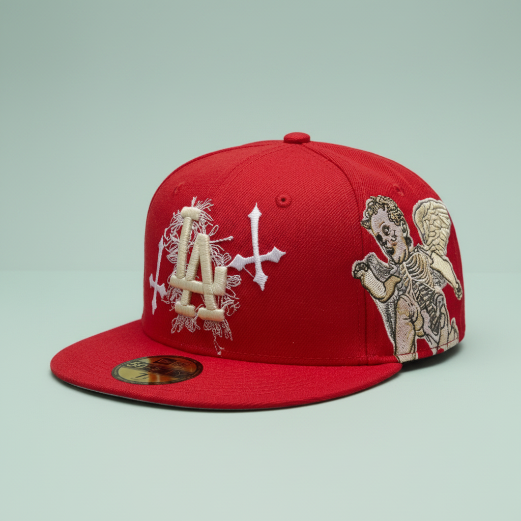 Red Embroidered Cap with Angel Artwork