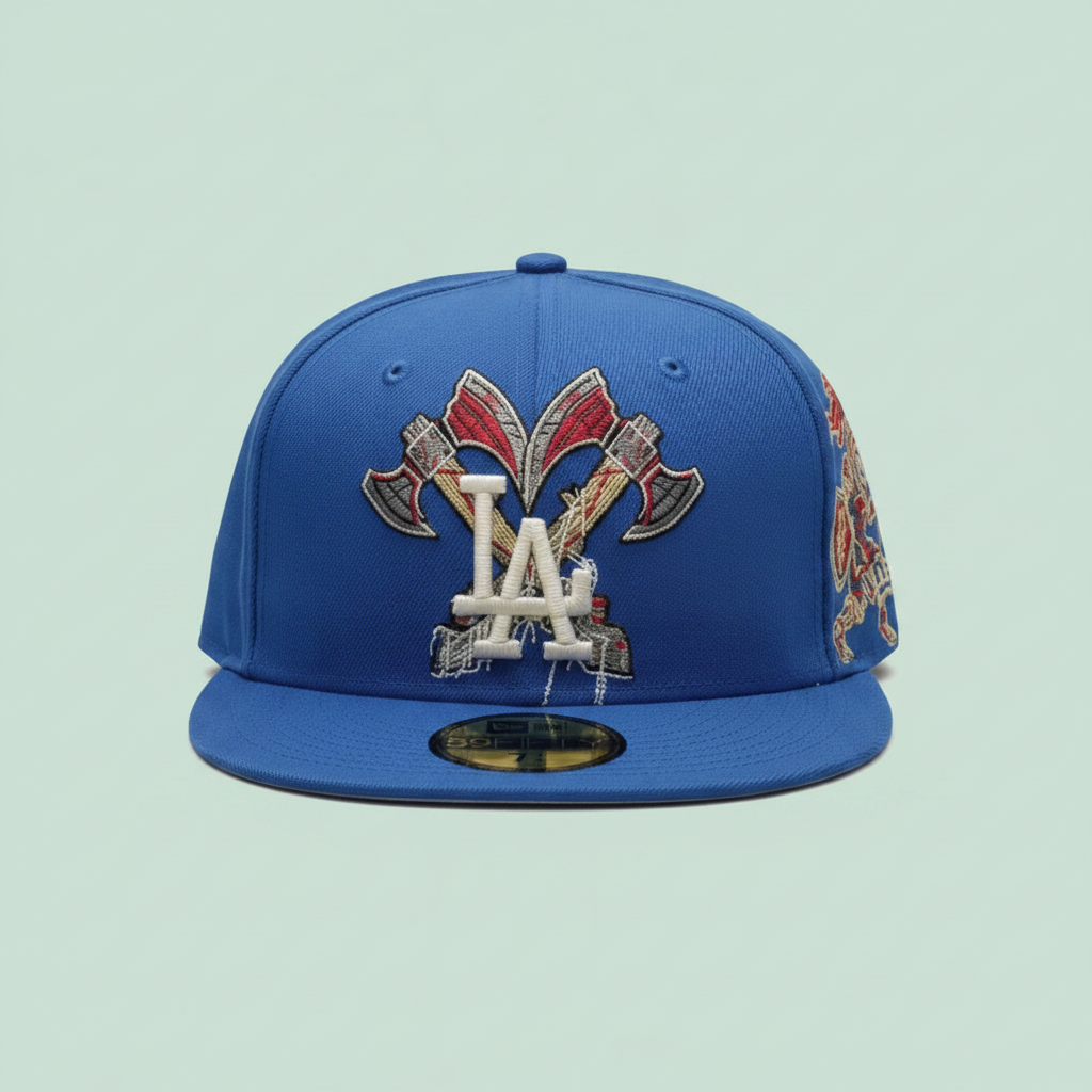 Blue Embroidered Flat-Brim Cap with Barbed-Wire Detail