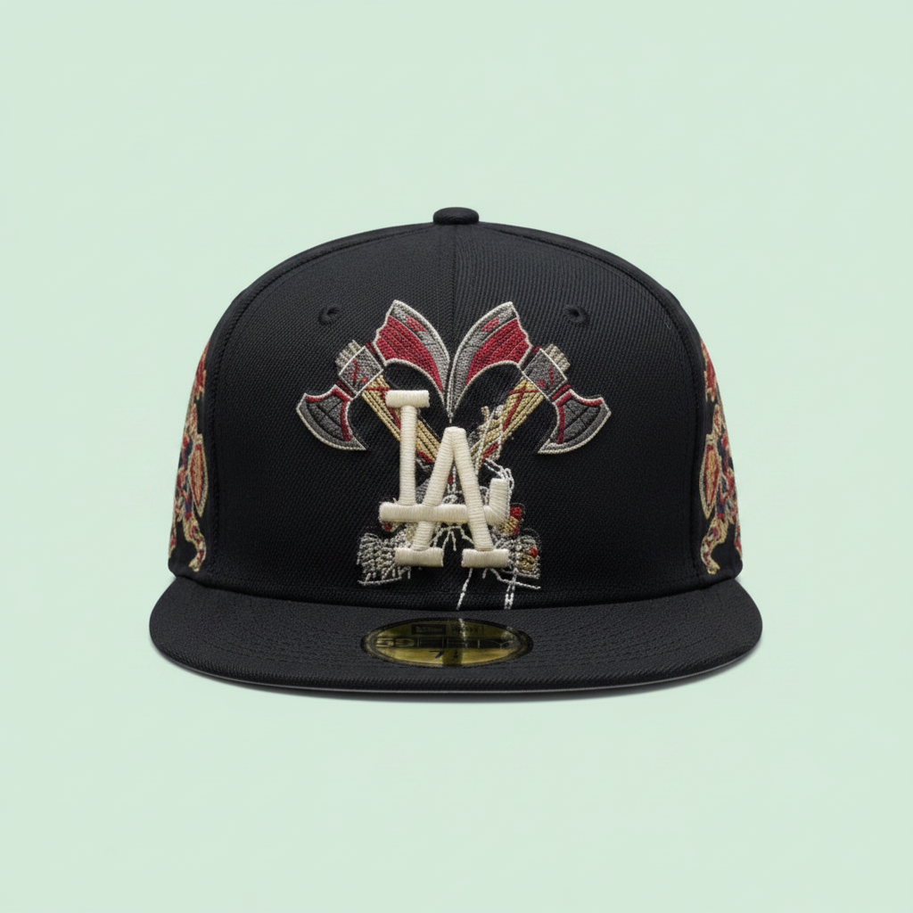 Black Embroidered Flat-Brim Cap