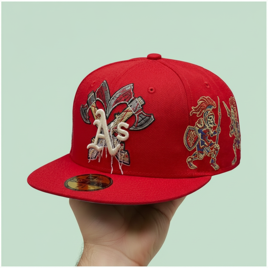 Red Embroidered Flat-Brim Cap