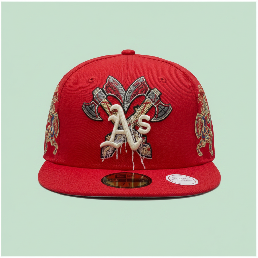 Red Embroidered Flat-Brim Cap