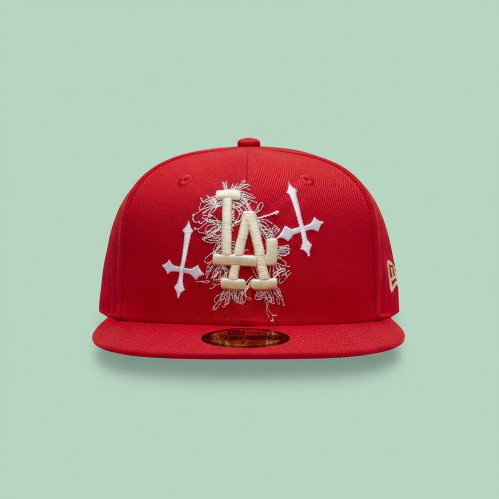 Red Embroidered Cap with Angel Artwork
