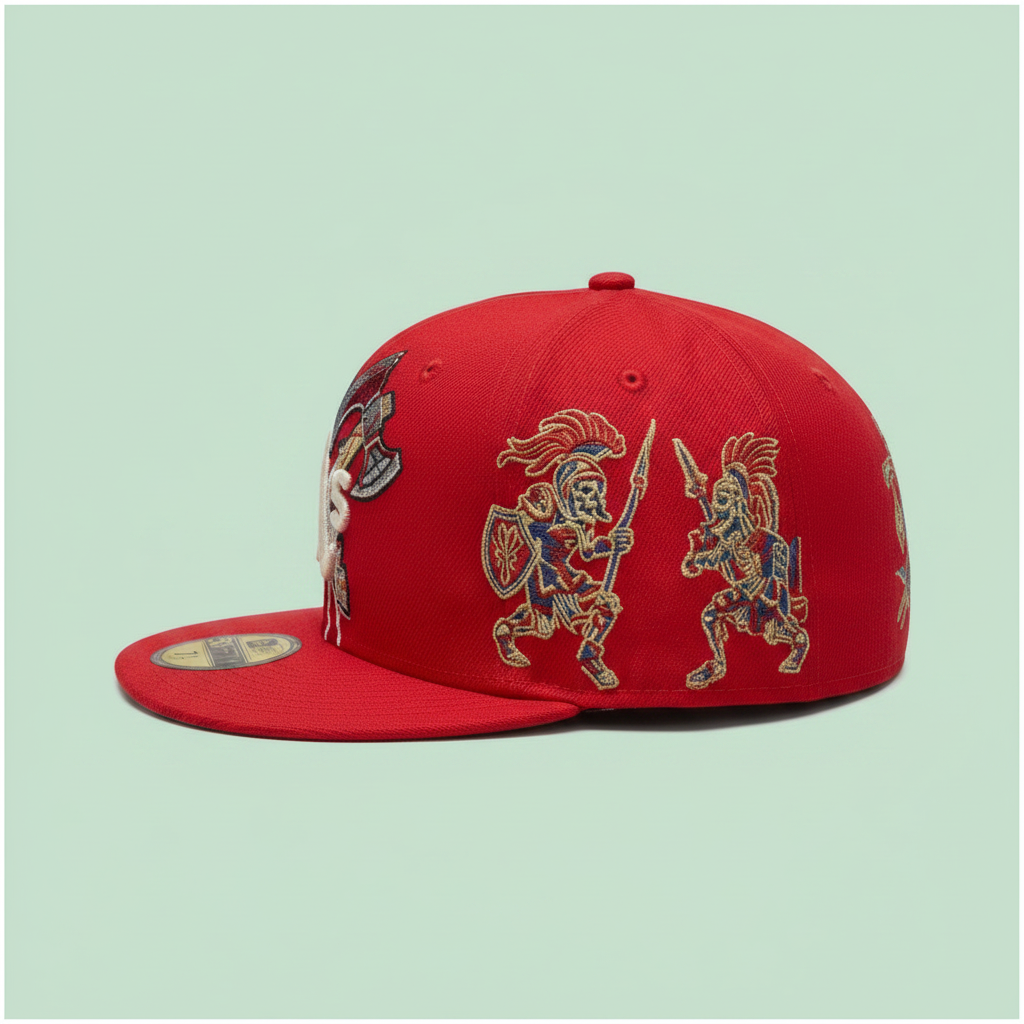 Red Embroidered Flat-Brim Cap