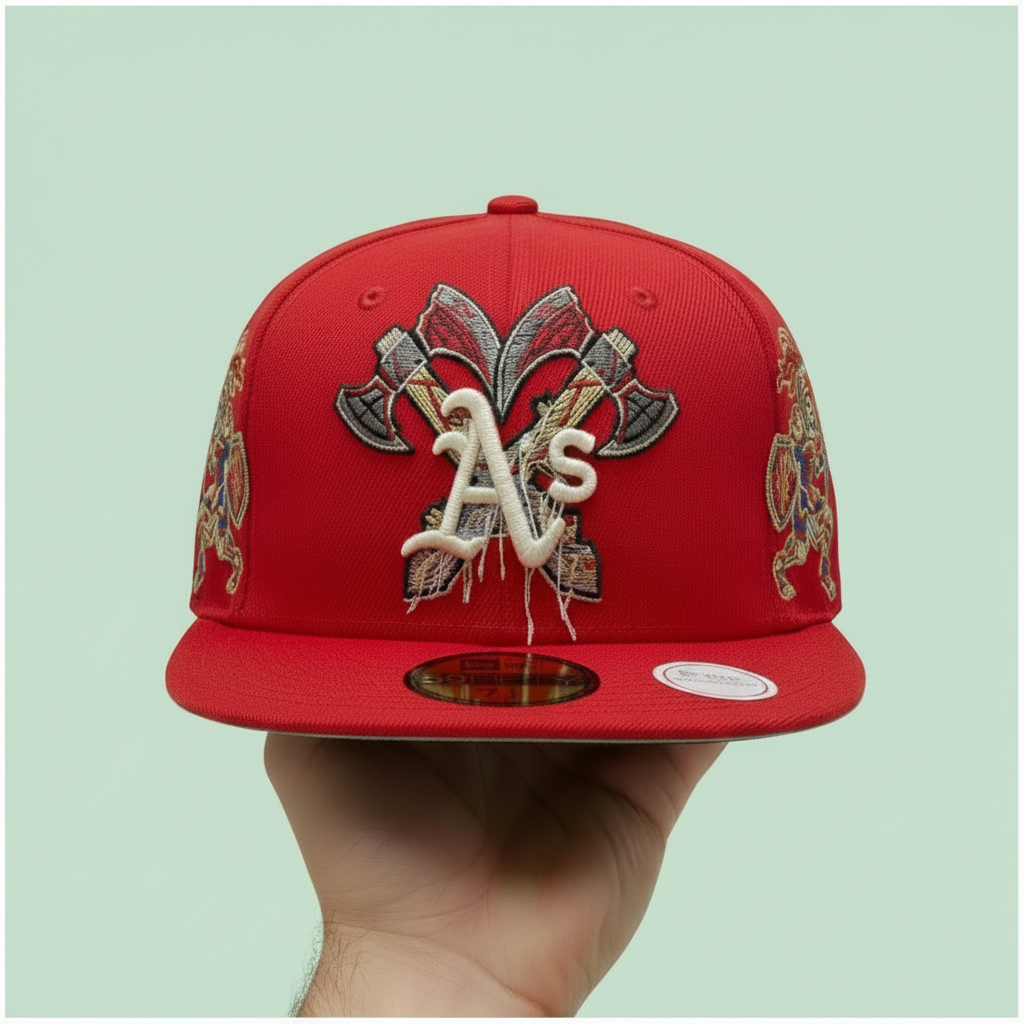 Red Embroidered Flat-Brim Cap