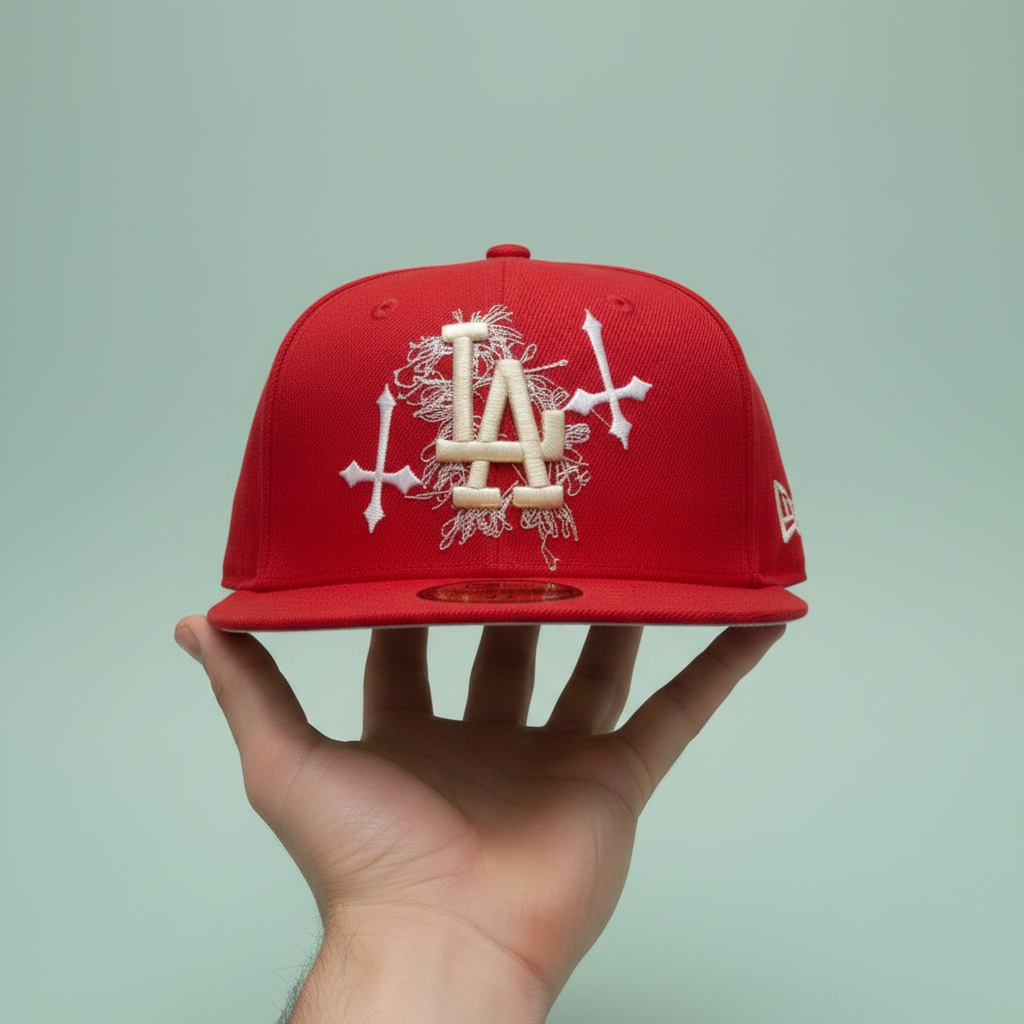 Red Embroidered Cap with Angel Artwork