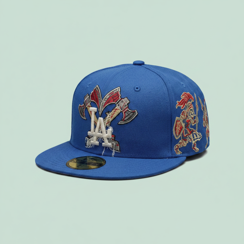Blue Embroidered Flat-Brim Cap with Barbed-Wire Detail