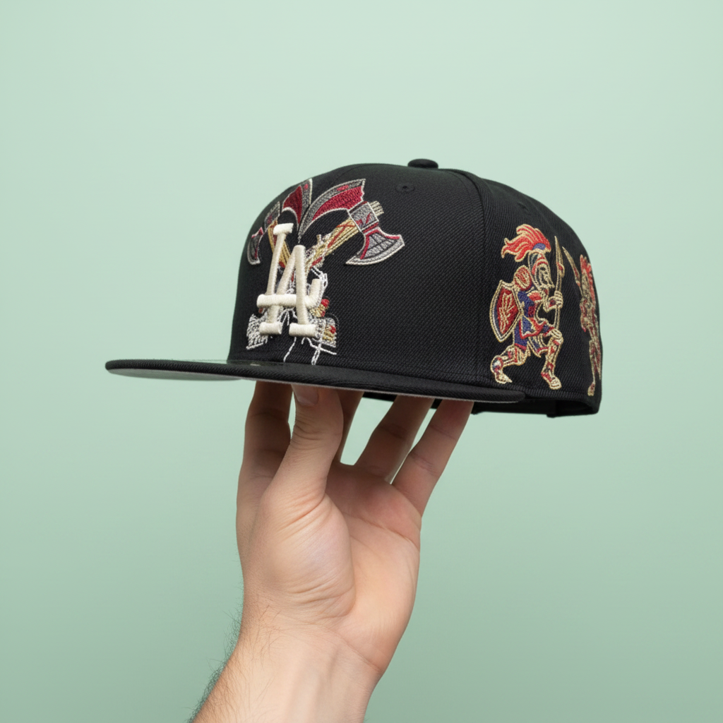 Black Embroidered Flat-Brim Cap