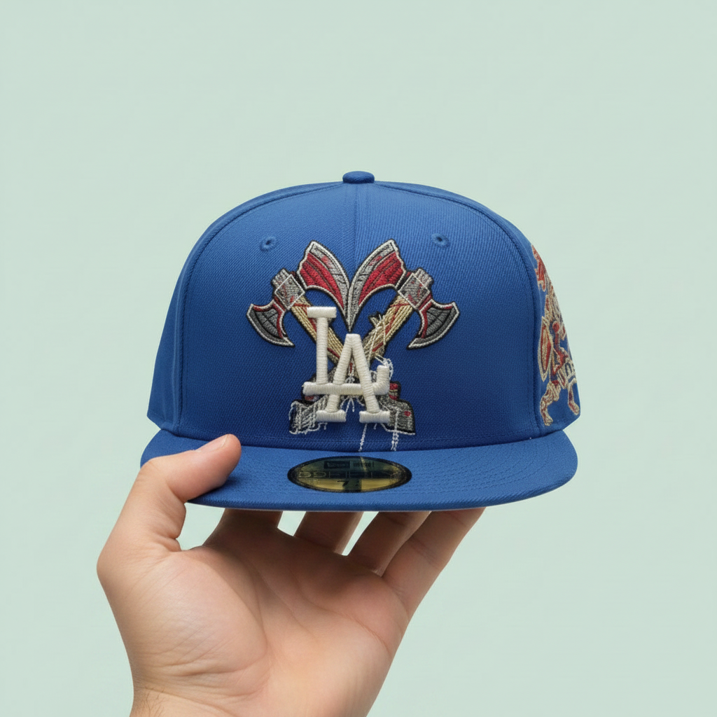 Blue Embroidered Flat-Brim Cap with Barbed-Wire Detail
