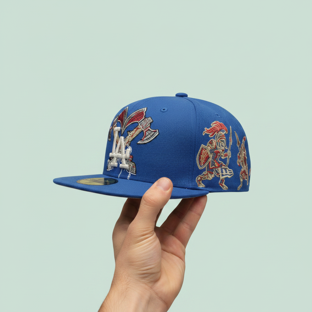 Blue Embroidered Flat-Brim Cap with Barbed-Wire Detail
