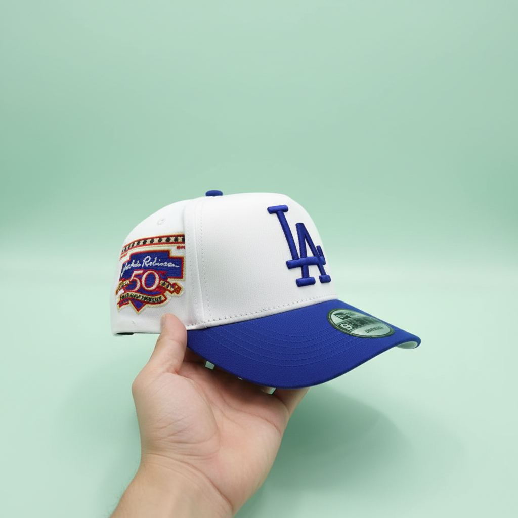 White and blue embroidered baseball cap held by hand in a left side view on a pastel mint green background