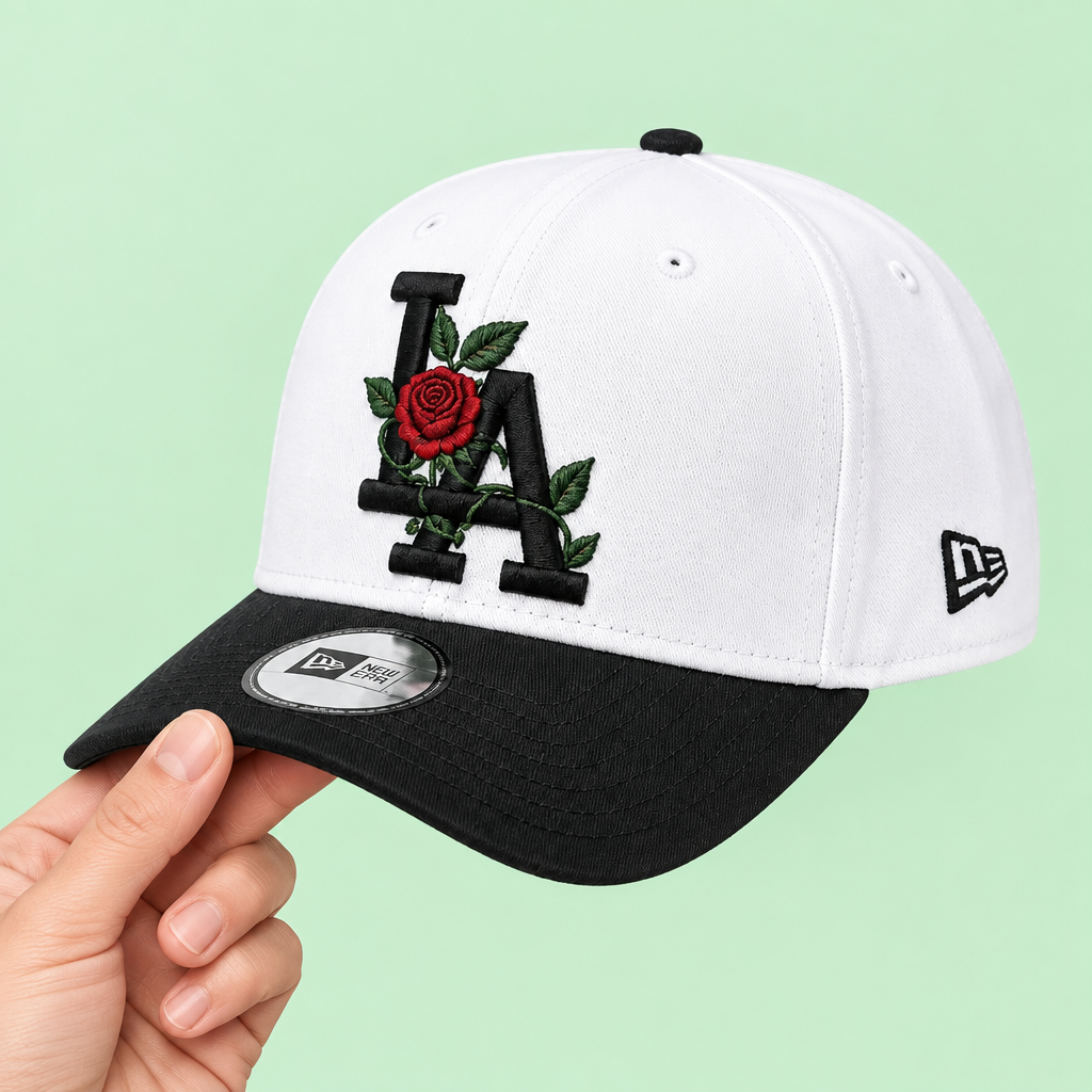 White cap with red rose embroidery held in hand, three-quarter angle on pastel mint background