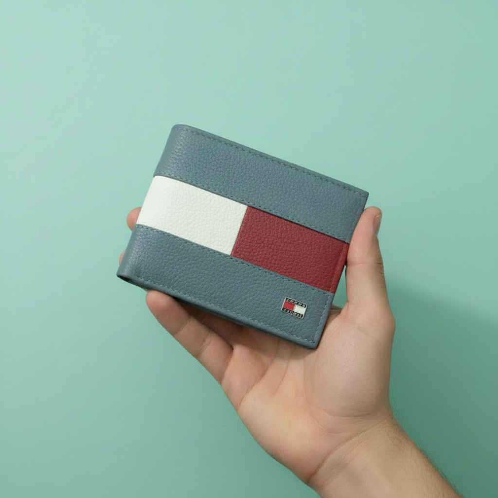 Color block bifold wallet held in hand on pastel mint green background