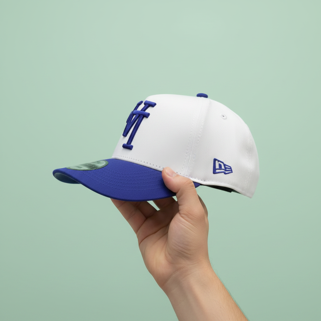 White and blue embroidered cap held by hand in a right side view on a pastel mint green background