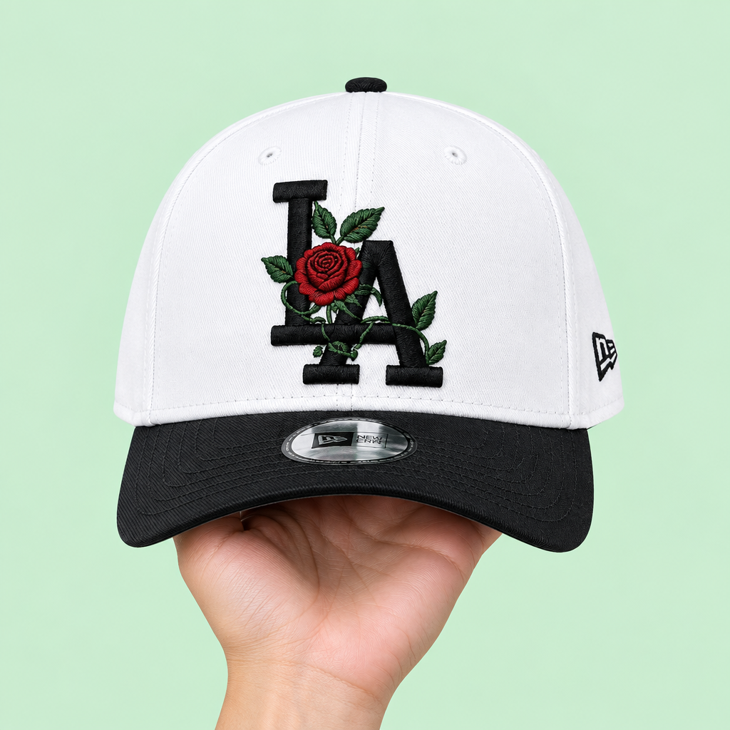 White cap with red rose embroidery held in hand, front angle on pastel mint background