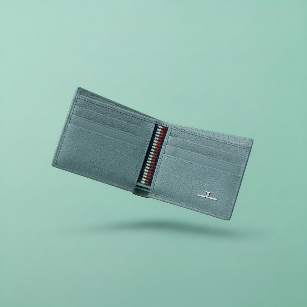 Open color block bifold wallet on pastel mint green background
