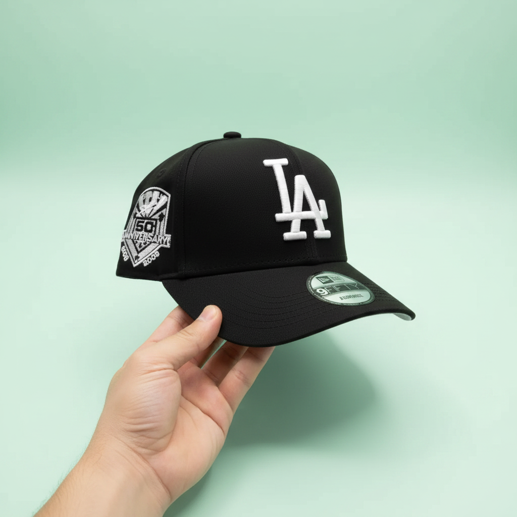 Black embroidered baseball cap held by hand in a left front three-quarter view on a pastel mint green background