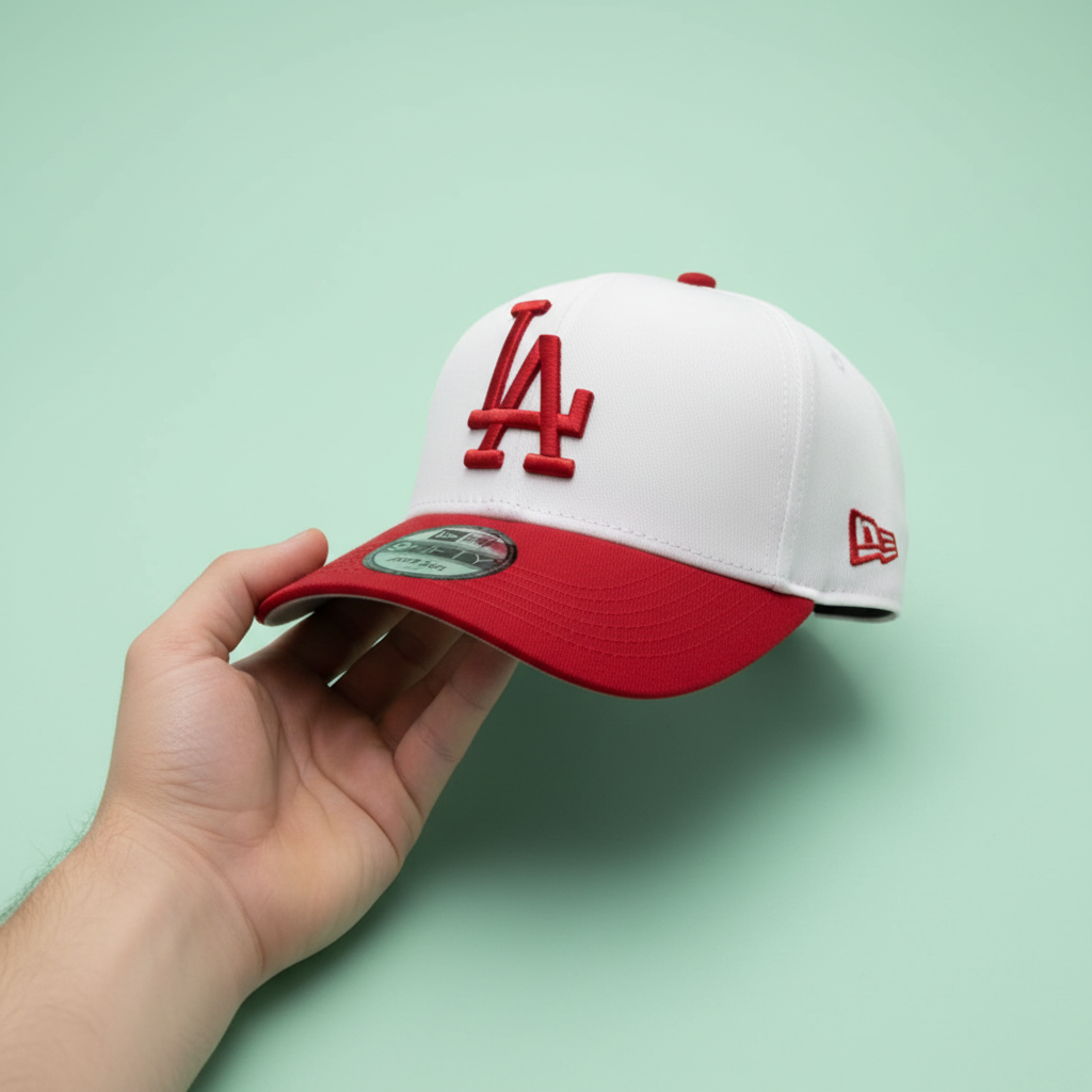 White and red embroidered baseball cap held by hand in a left front three-quarter view on a pastel mint green background