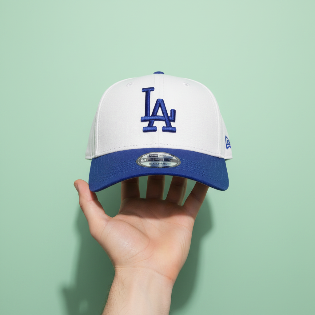 White and blue embroidered cap held by hand from underneath on a pastel mint green background