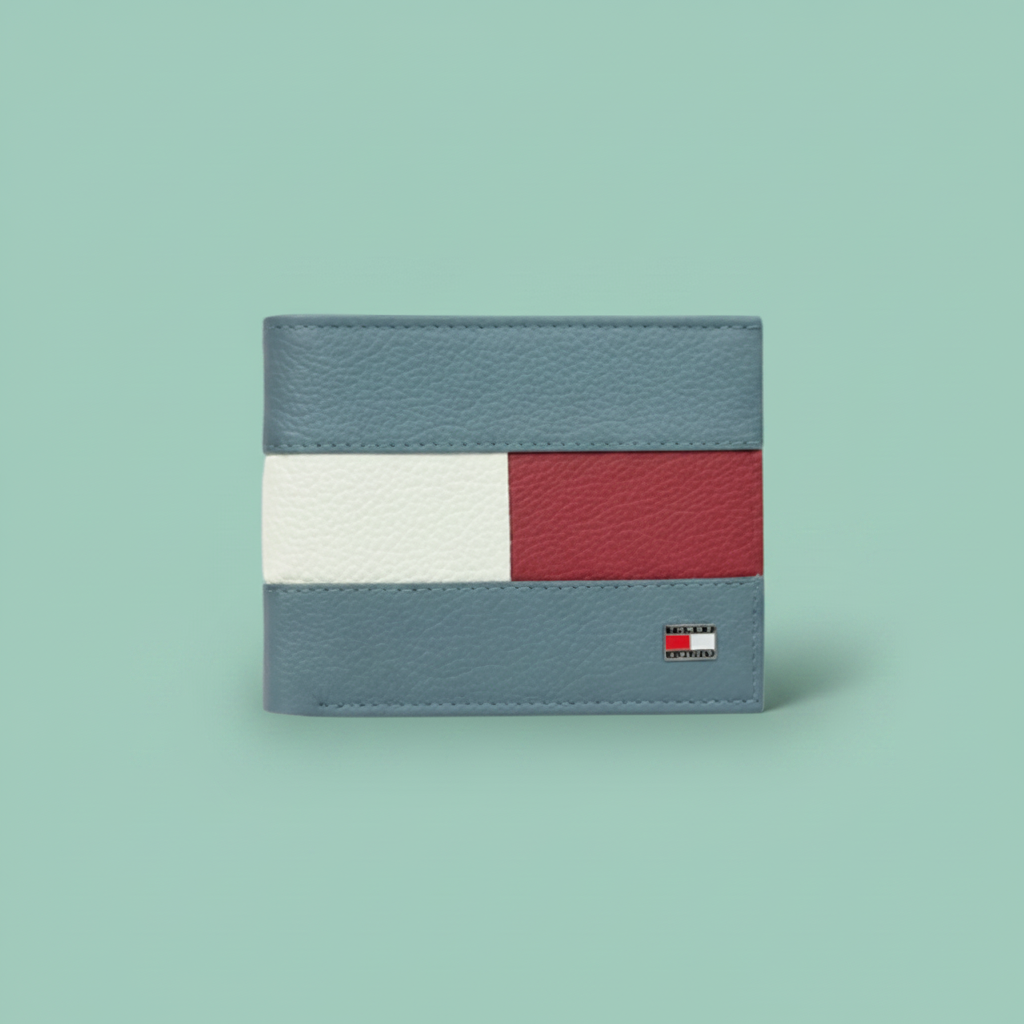 Color block bifold wallet on pastel mint green background