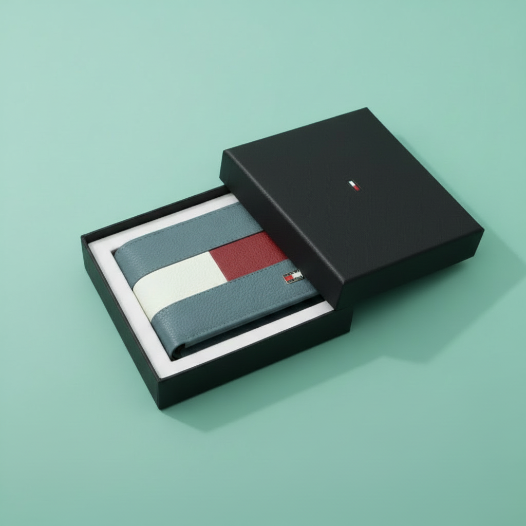 Color block bifold wallet in gift box on pastel mint green background