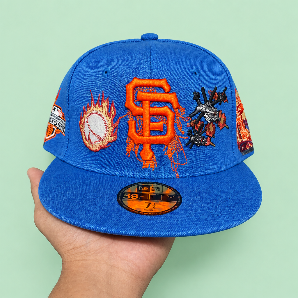 Orange embroidery wali blue cap ka front view