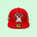 Red cap, elevated front angle