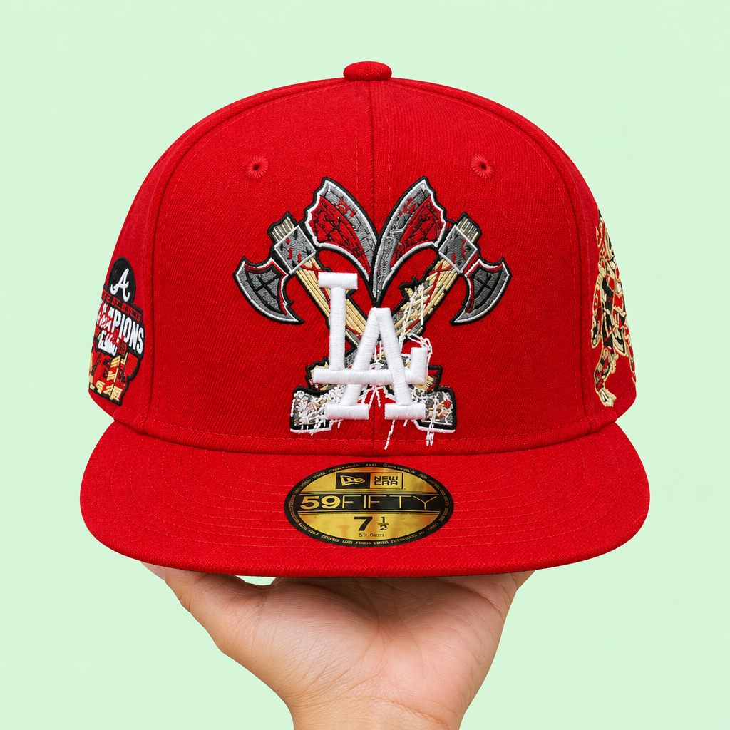 Red cap held from underneath, front view