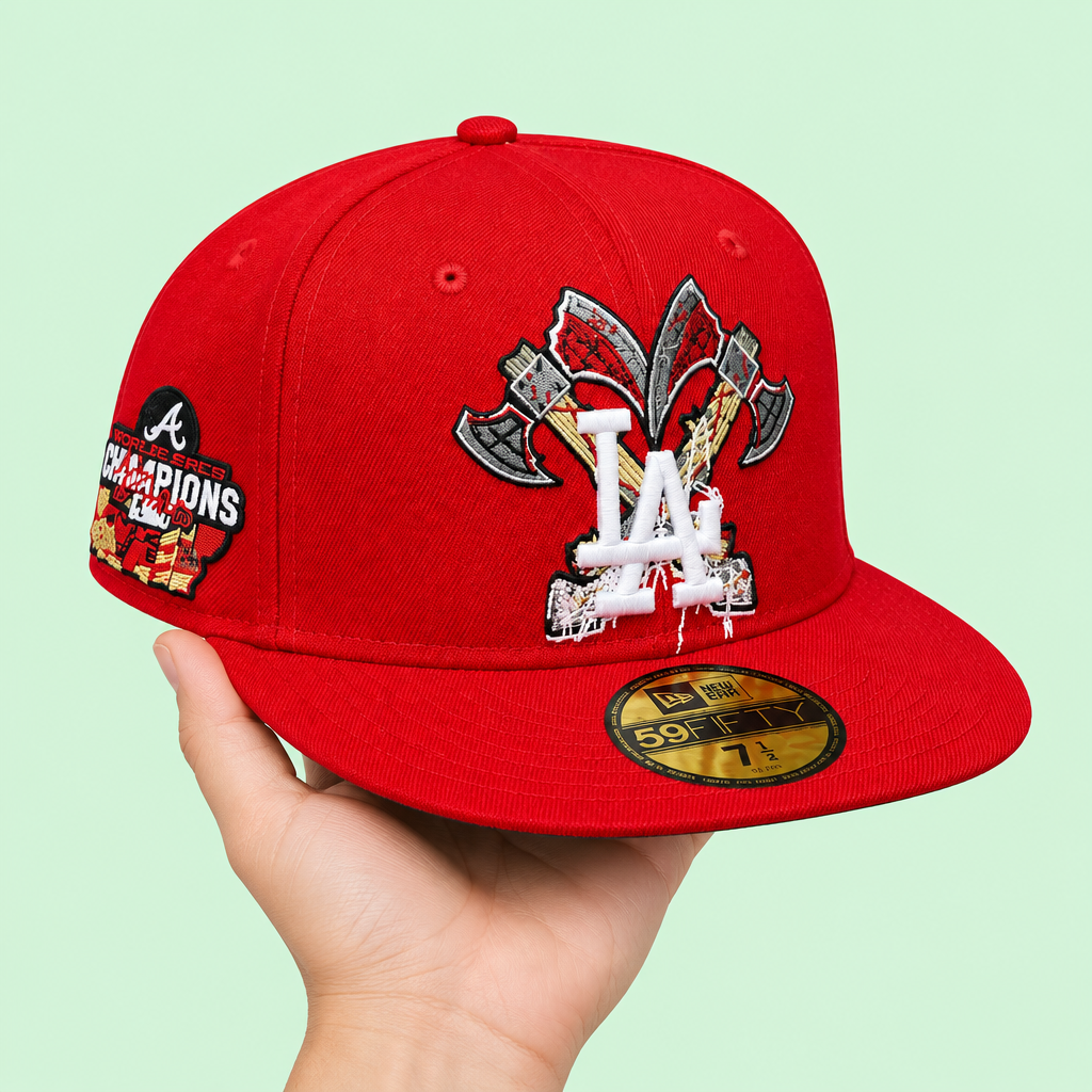 Red cap held in three-quarter view